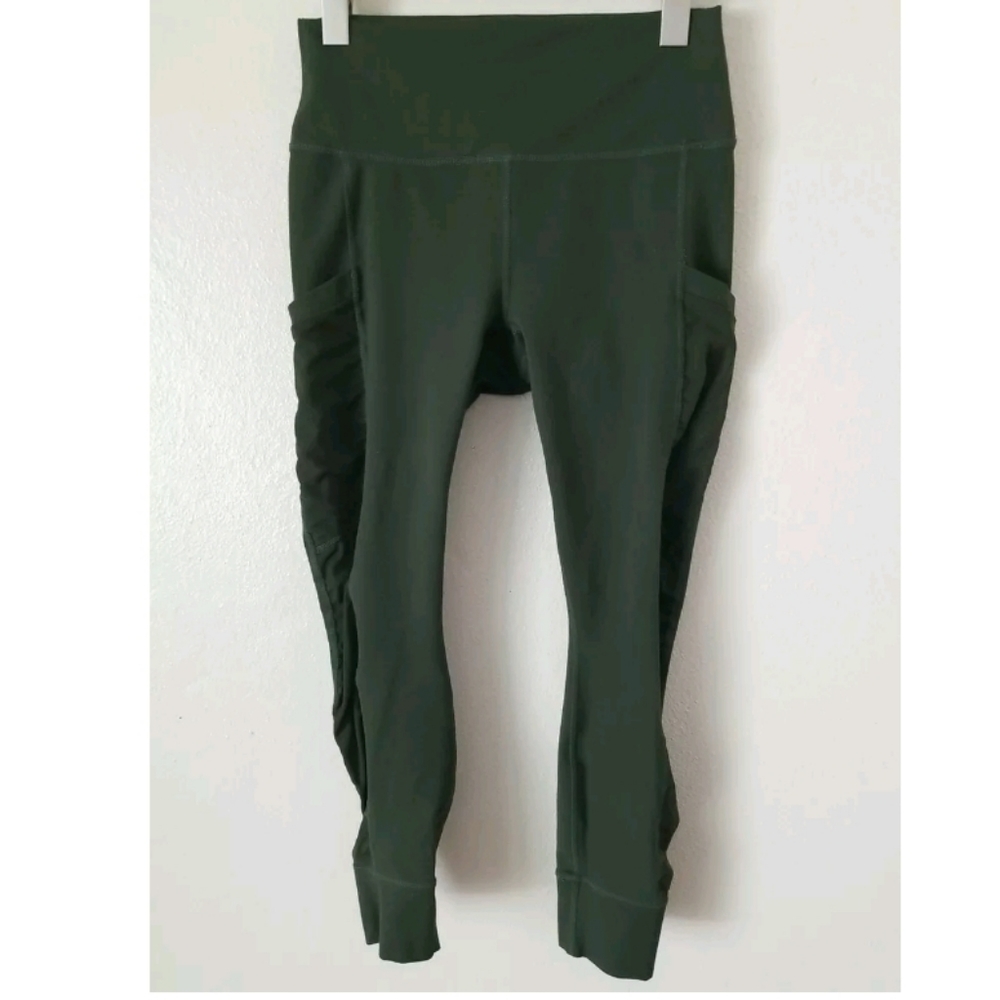 Fabletics Size M Solid Green Crop Length Shirred … - image 4